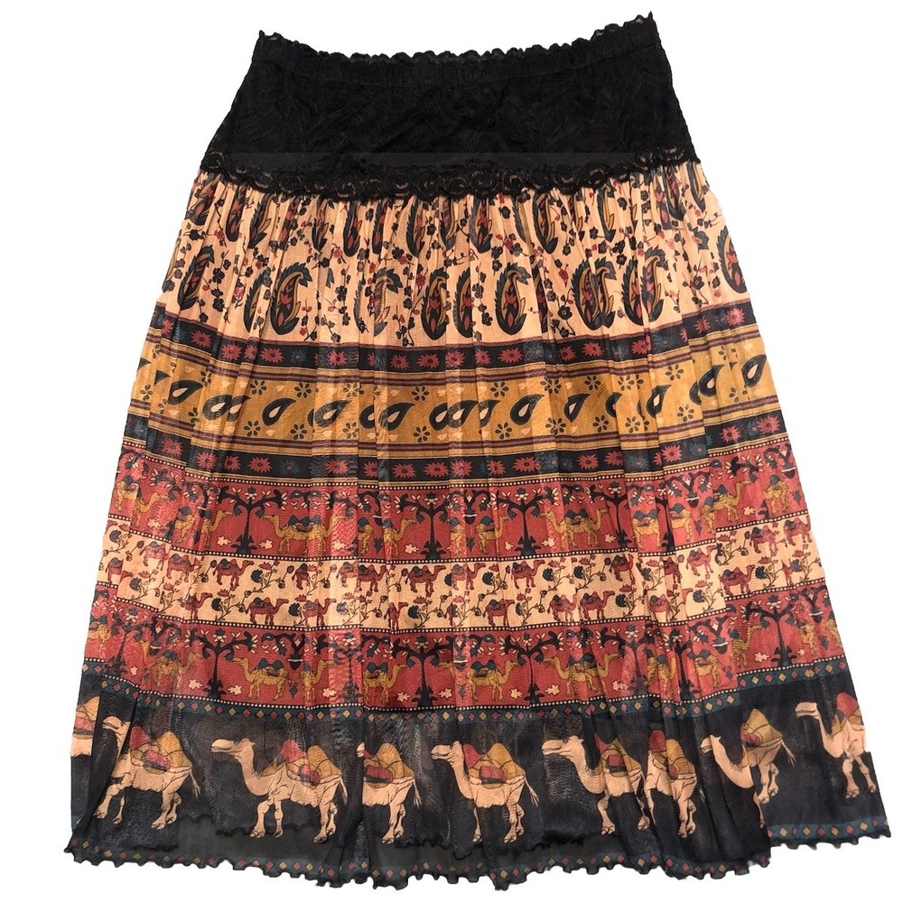 Moine USA Skirt XXL Brown Black Lace Waist Camel Paisley‎ Print Boho Vintage 90s